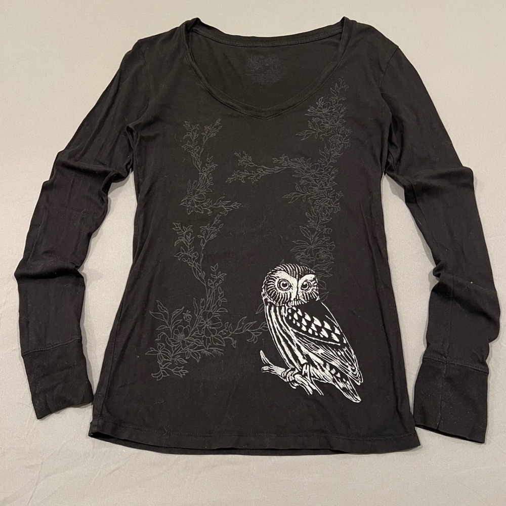 Steadfast Owl Graphic Long Sleeve V-Neck Black Cotton T-Shirt XL